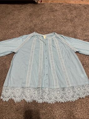LOGO LAVISH Light Blue Lace-Trim Button Front Blouse 100% COTTON SZ L